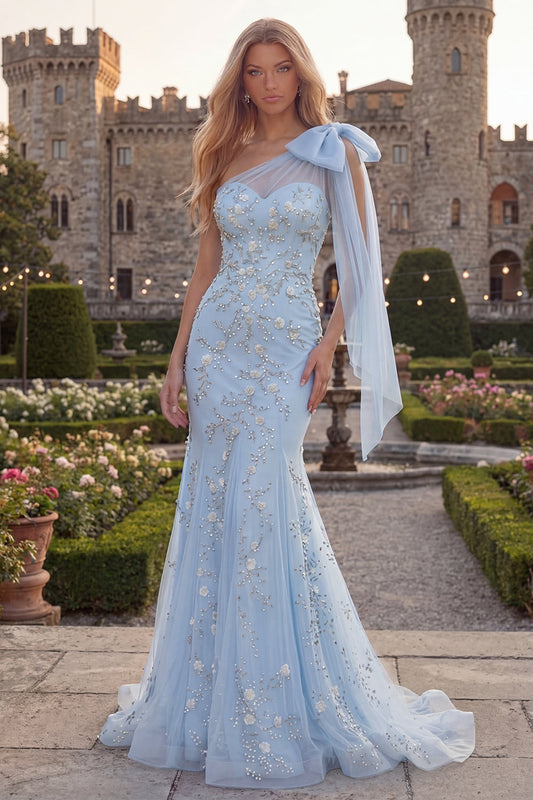 Sparkly Blue One-Shoulder Mermaid Appliquéd Beaded Tulle Prom Dress with Bow