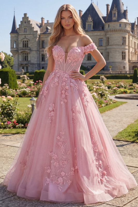 Off The Shoulder Pink A-Line Long Corset Prom Dress with 3D Flowers