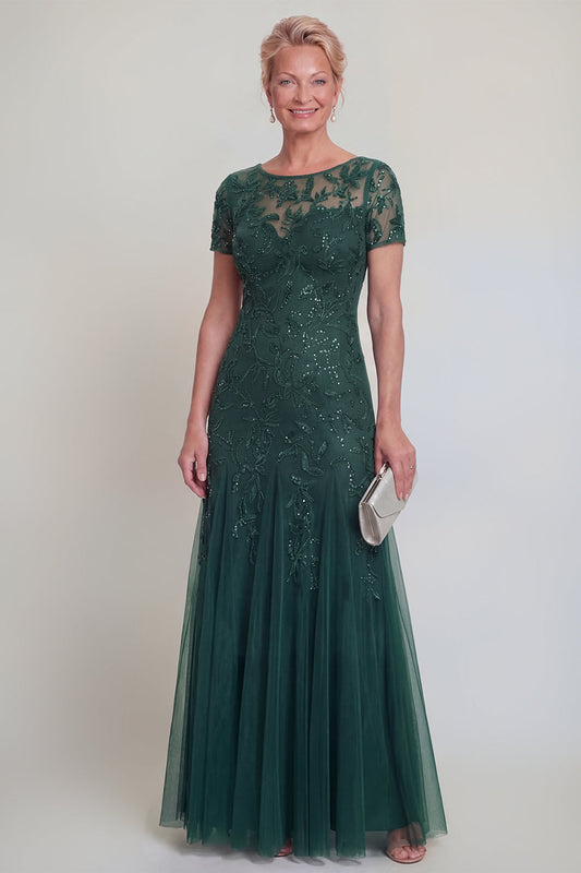 Robe de mère de la mariée vert foncé, ligne A, col rond, avec appliques