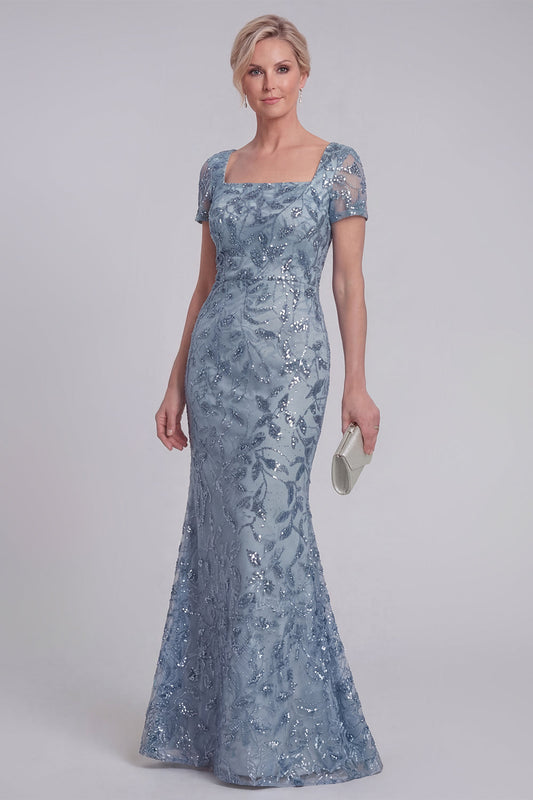 Grey Blue Floral Lace Mermaid Sequins Long Mother of The Bride Dress with Sleeves