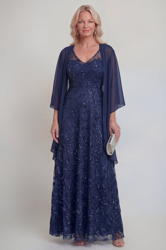 Navy Lace Floral A-Line Sequins Long Mother of the Bride Dress with Jacket