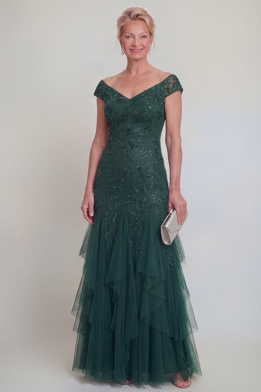 Robe de mère de la mariée longue vert foncé en tulle à volants, col en V et manches