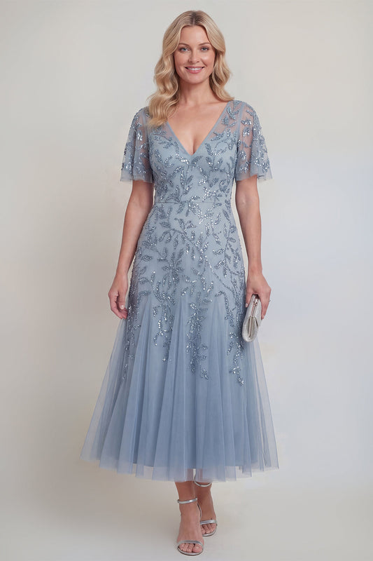Grey Blue Tulle Floral Sequins V-Neck Long Mother of The Bride Dress with Sleeves