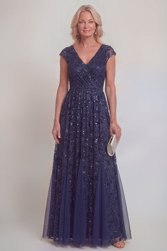 Navy Lace Floral Sequins A-Line V-Neck Long Mother of the Bride Dress with Sleeves