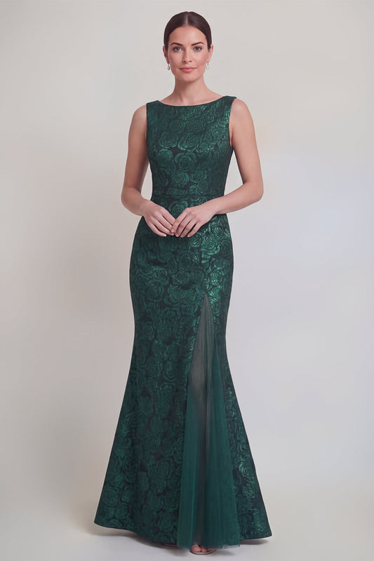 Robe longue de mère de la mariée sirène vert foncé floral à col bateau avec fente