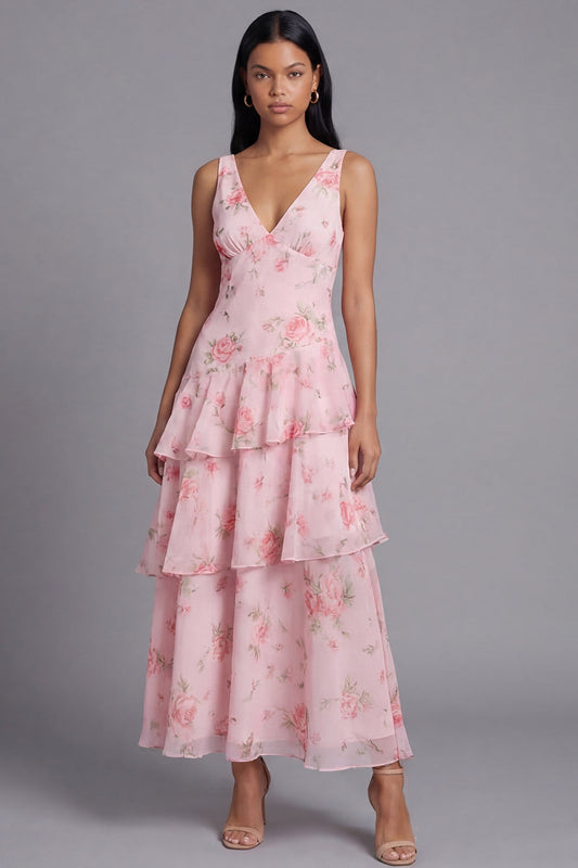 Pink Chiffon V-Neck Tiered Floral Printed Ruffled Long Wedding Guest Dress