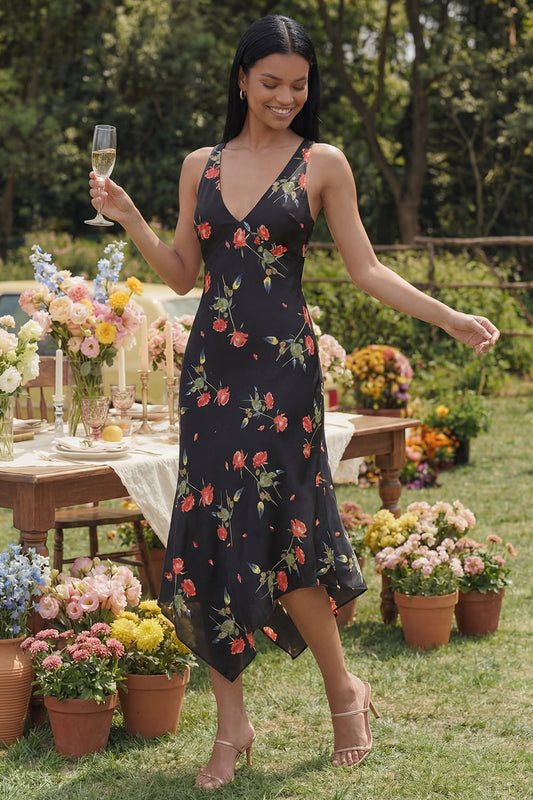 Robe mi-longue évasée en mousseline noire à col en V imprimé floral