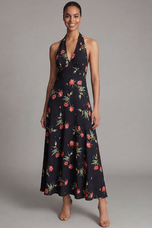 Robe longue de cocktail moulante en mousseline à imprimé floral noir et rouge et encolure dos nu