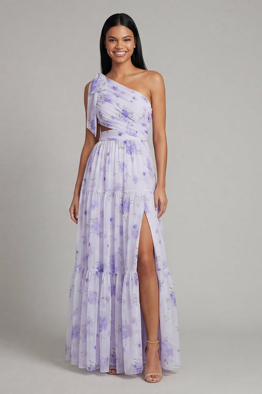 Robe longue évasée à fleurs imprimées en tulle lilas asymétrique avec fente