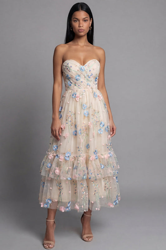 Sweetheart Champagne Tulle Appliqued Floral A-Line Midi Dress