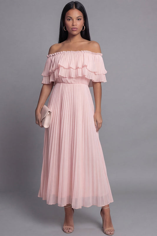 Off the Shoulder Pink Tulle Sheath Pleated Maxi Dress with Ruffles