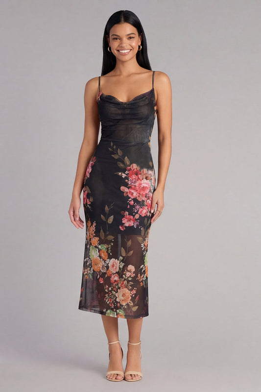 Robe midi moulante noire à imprimé floral, bretelles spaghetti et fronces