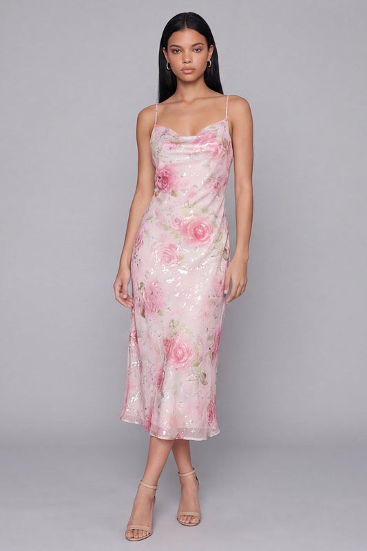 Sparkly Pink Bodycon Spaghetti Straps Sequin Printed Floral Midi Dress