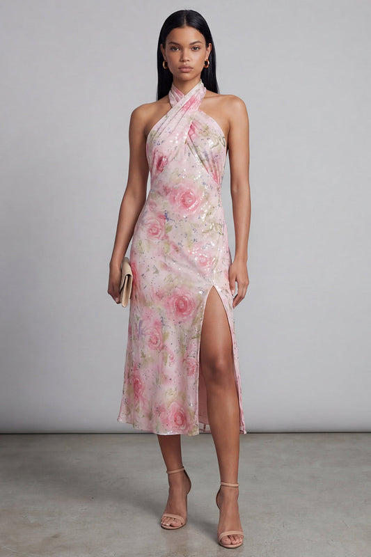 Sparkly Pink Tulle Halter Neck Bodycon Midi Floral Dress with Slit