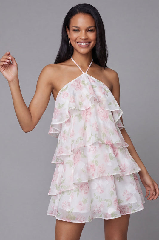 White Pink Flower Chiffon Halter Neck A-Line Printed Tiered Floral Mini Dress