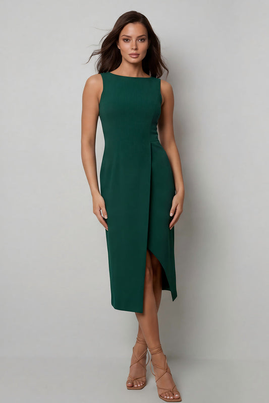 Robe de soirée moulante longue vert foncé avec fente et encolure bateau