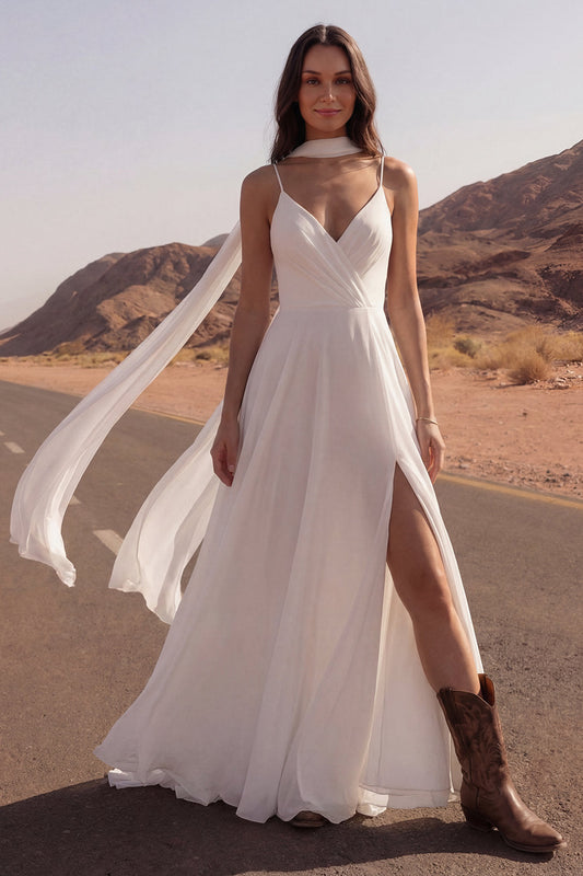 Ivory A-Line Maxi Beach Wedding Dress with Slit and Spaghetti Straps