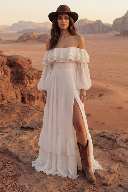 Off The Shoulder Maxi A-Line Ivory Beach Wedding Dress with Ruffles
