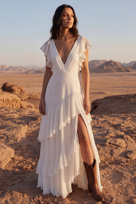 Ivory V-Neck A Line Long Beach Wedding Dress with Ruffles