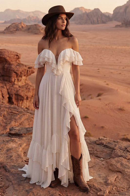 Ivory Off the Shoulder A Line Maxi Beach Wedding Dress with Ruffles