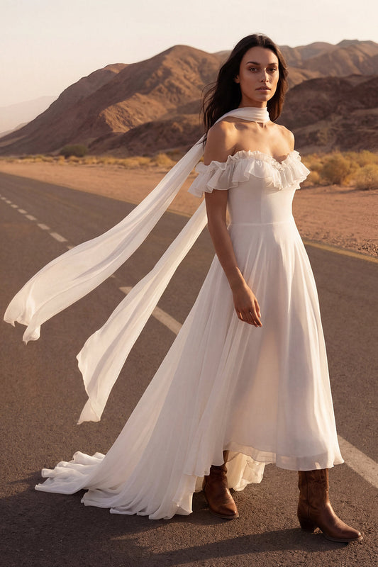 Ivory Neck Scarf A Line Ruffled Chiffon Beach Wedding Dress