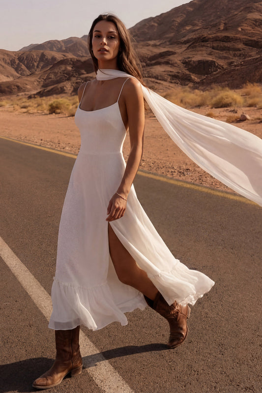 Ivory Spaghetti Straps A Line Long Beach Bridal Dress with Slit