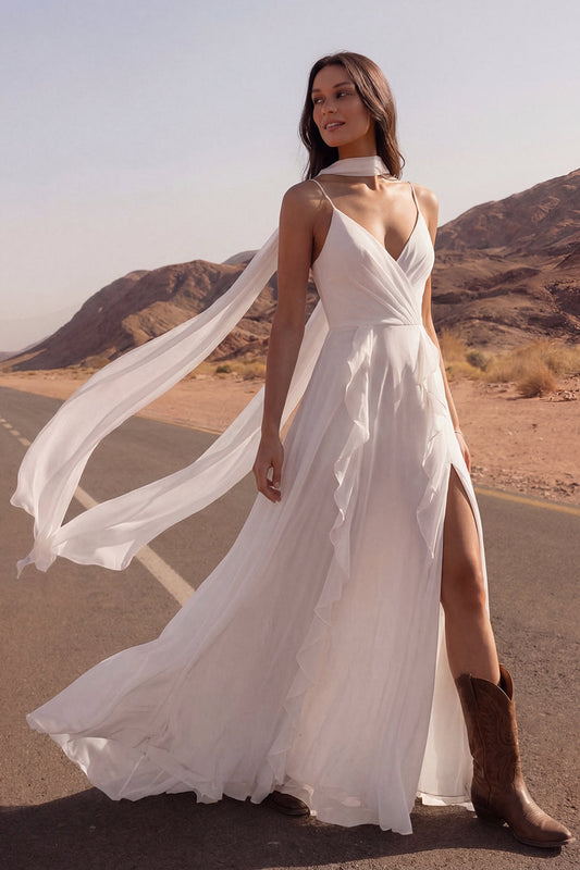 Ivory Spaghetti Straps A Line Long Beach Wedding Dress with Ruffles
