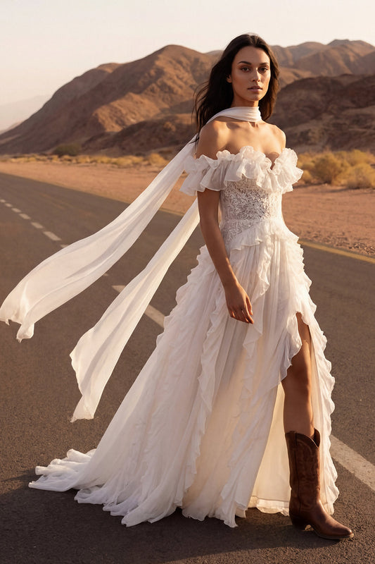 Floral Ivory A-Line Maxi Beach Wedding Dress with Ruffles