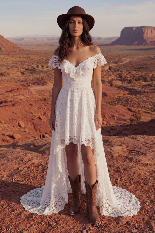 Floral Ivory A-Line High-Low Boho Wedding Dress