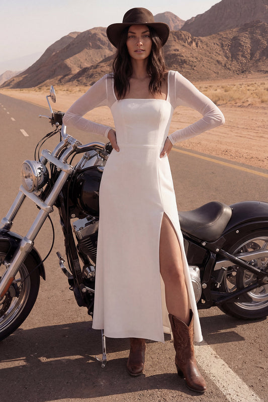 Ivory Sheath Square Neck Long Beach Wedding Dress with Slit
