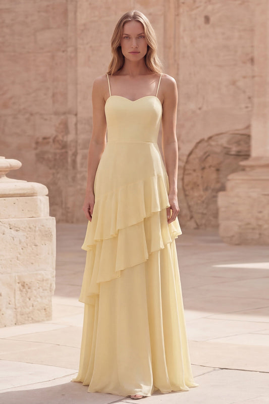 Robe de Demoiselle d'honneur Longue Évasée Jaune à Bretelles Fines et Volants
