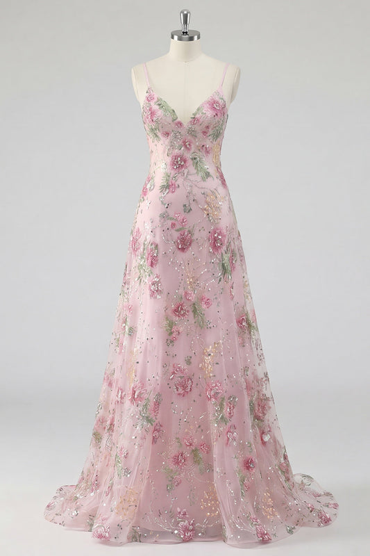 Sparkly Pink Sequin Floral A Line Spaghetti Straps Long Prom Dress