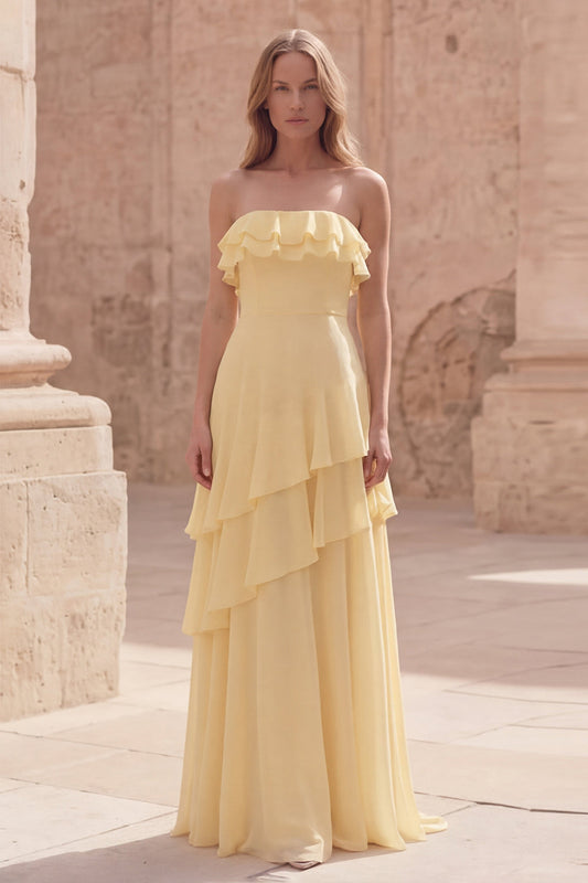 Strapless Yellow A Line Ruffled Long Wedding Guest Dress