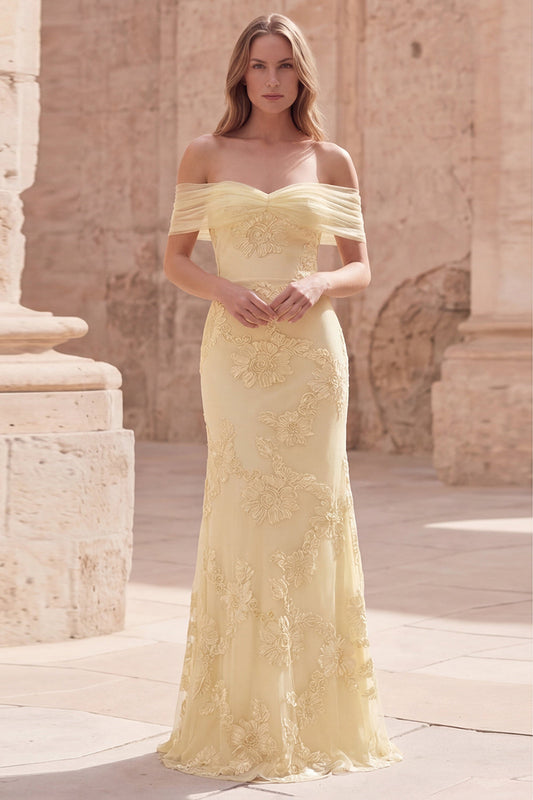 Yellow Mermaid Off the Shoulder Long Prom Dress with Floral Embroidery