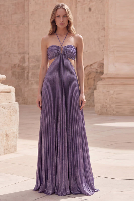 Robe de bal longue violette trapèze licou froncée ajourée
