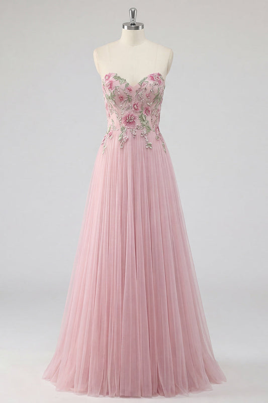 Sparkly Pink A-Line Sweetheart Appliqued Tulle Prom Dress with Beading