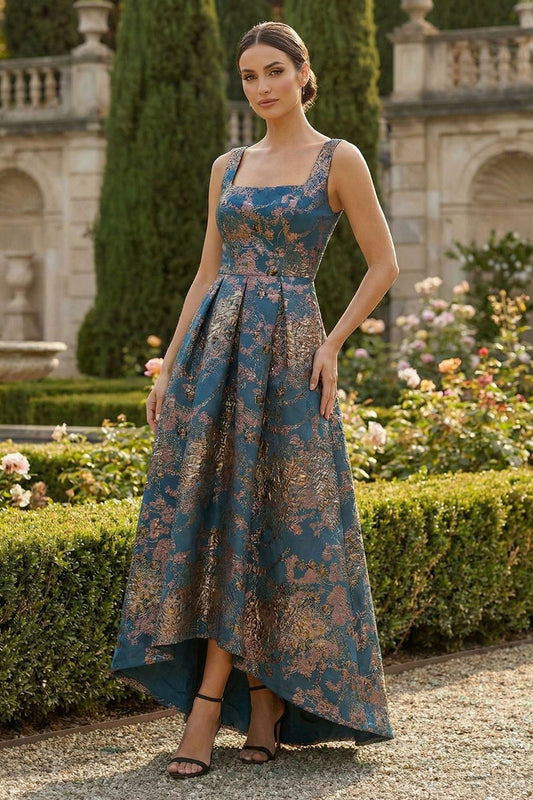 Robe de soirée asymétrique bleu paon coupe trapèze à col carré