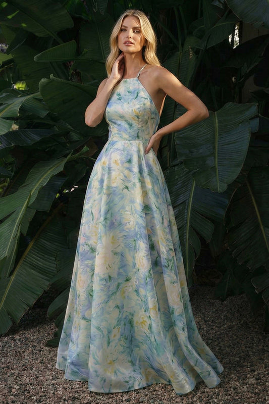 Light Green Floral Long A Line Backless Halter Formal Dress