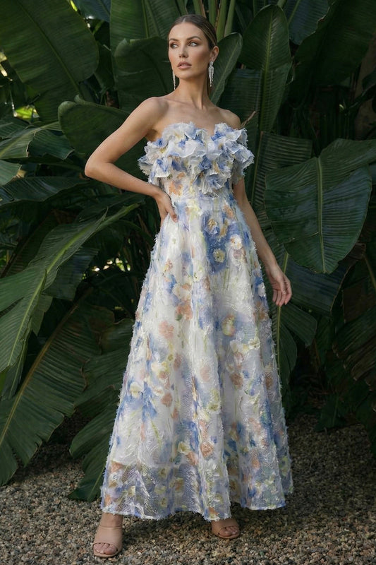 Light Blue A-Line Ruffled Floral Long Formal Dress