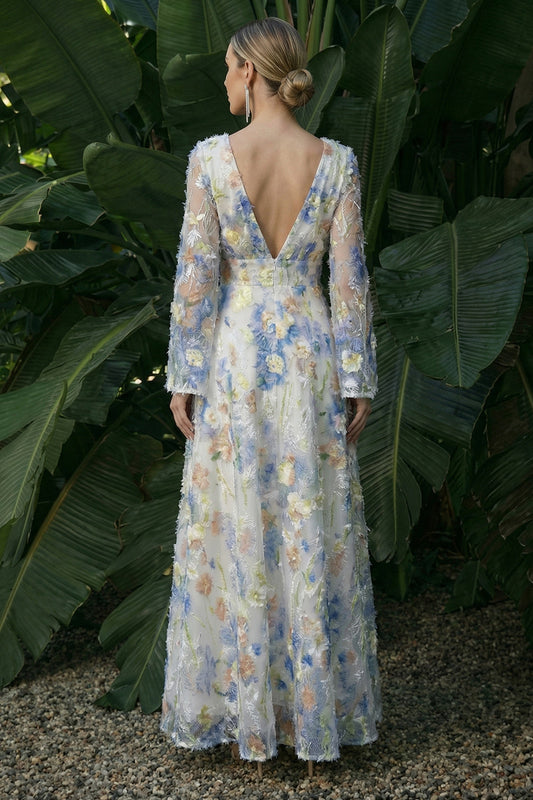 Light Blue A-Line Long-Sleeve Floral V-Neck Formal Dress