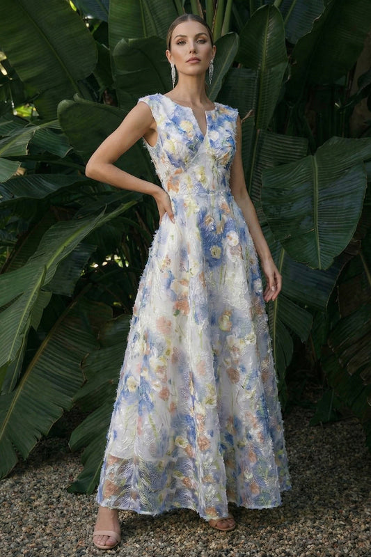 Robe de soirée longue trapèze bleu clair à motif floral