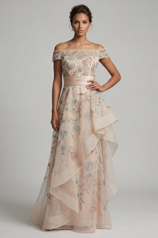 Off The Shoulder A Line Blush Sequin Mother Of the Bride Dress