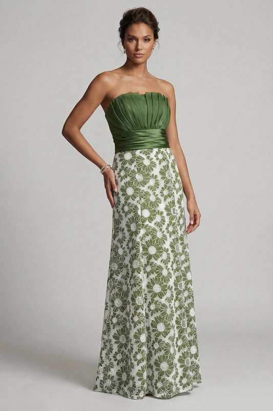 Robe de mère de la mariée trapèze verte florale sans bretelles