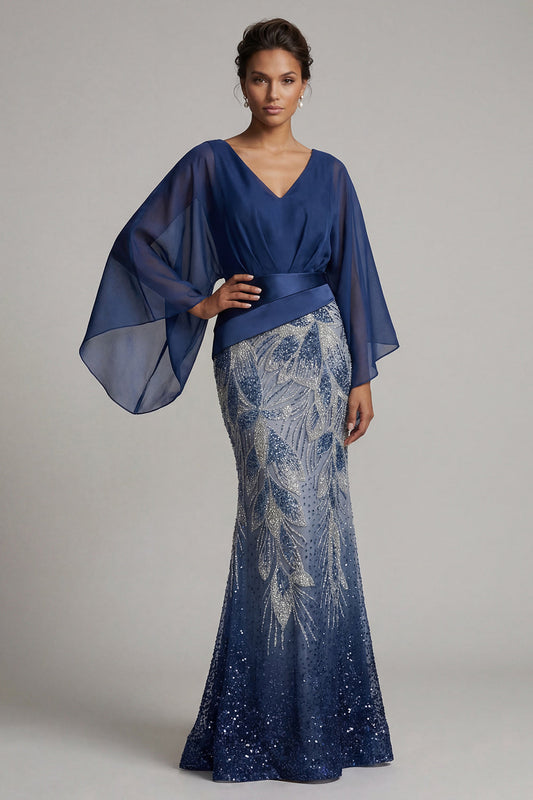 Sparkly Navy V-Neck Mermaid Mother of the Bride Dress with Cape Sleeves