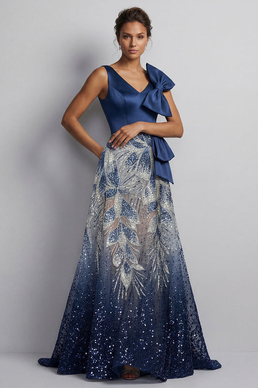 Sparkly Navy V-Neck A-Line Mother of the Bride Dress with Bow