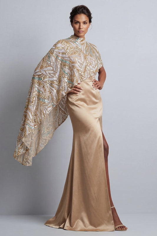 Champagne Mermaid Satin Mother of the Bride Dress with Detachable Cape