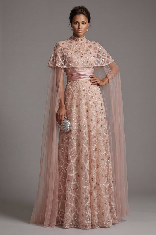 Strapless Beaded Blush A Line Mother Of Bride Dress with Detachable Cape