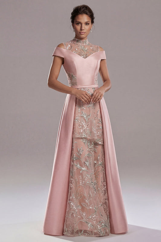 Off The Shoulder Illusion Neck A Line Pink Sequin Mother Of Bride Dress