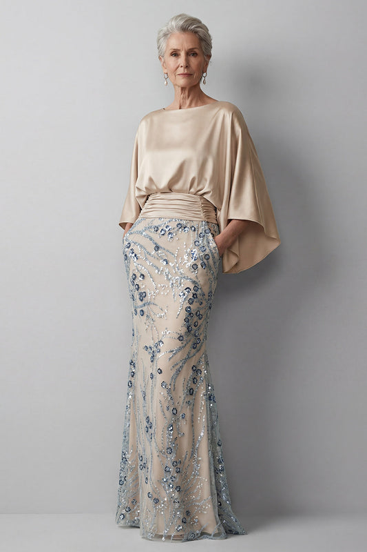 Robe de Mère de la Mariée Sirène Pailletée Champagne Fleurie à Manches Longues