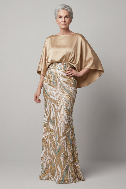 Sequin Champagne Mermaid Mother of the Bride Dress with Cap Sleeves